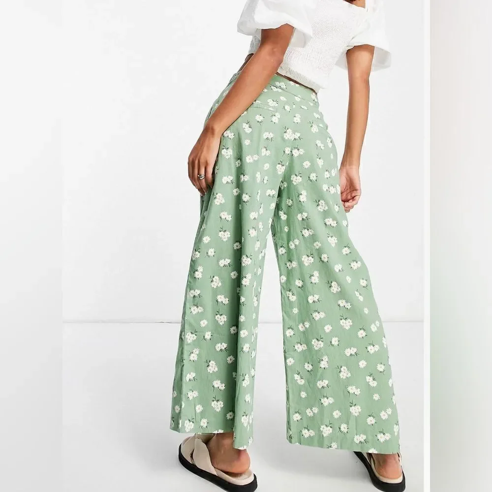 Mango Linen Blend Floral Pants Green New